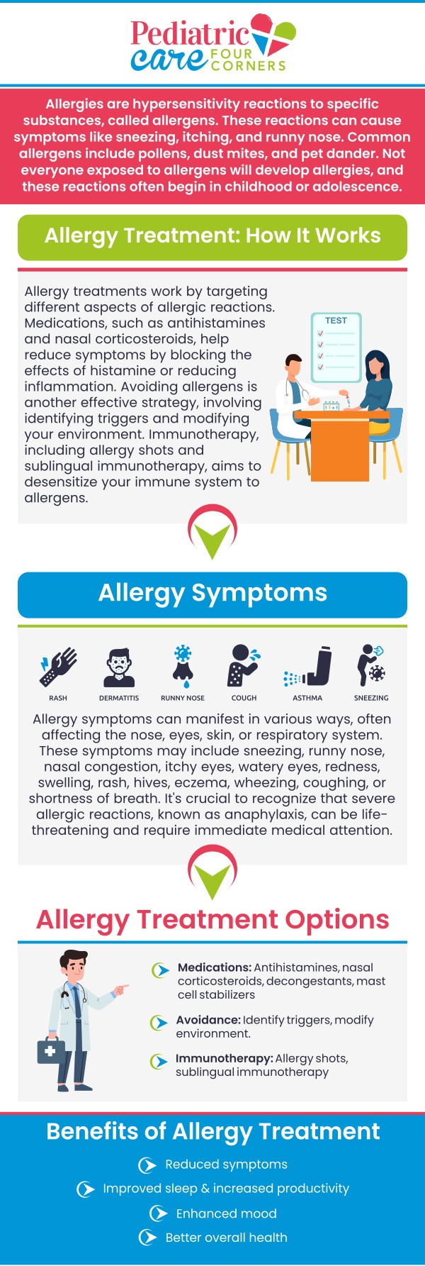 At Pediatric Care of Four Corners, Dr. Eiman ElSayed, MD, provides pediatric allergy management that focuses on identifying triggers and providing effective treatment plans to help children live comfortably. Through allergy testing, symptom monitoring, and personalized care, Dr. ElSayed helps families manage seasonal allergies, food sensitivities, and environmental triggers while ensuring each child’s immune health and well-being are supported. For more information, contact us or schedule an appointment online. We are conveniently located at 2516 Sand Mine Rd, Davenport, FL 33897.