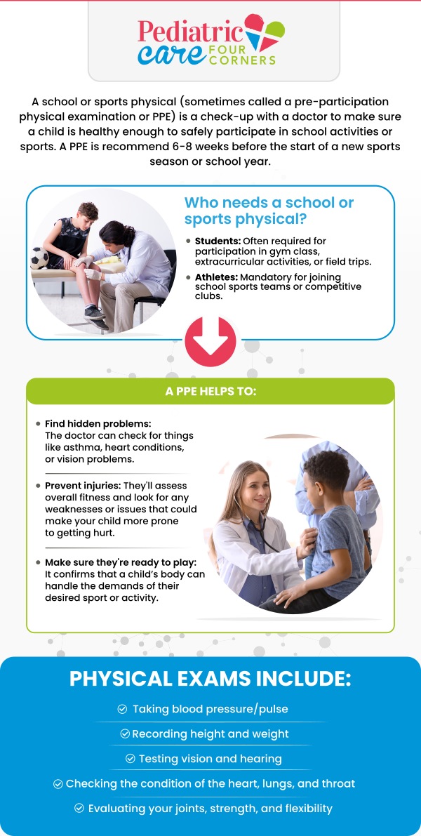 Dr. Eiman ElSayed, MD, at Pediatric Care of Four Corners, provides comprehensive sports physicals to ensure children are healthy and ready for athletic participation. These evaluations assess overall fitness, injury risk, and medical history, helping young athletes perform safely. Dr. ElSayed focuses on preventive care, promoting strength, endurance, and wellness for every child before they hit the field. For more information, contact us or schedule an appointment online. We are conveniently located at 2516 Sand Mine Rd, Davenport, FL 33897.