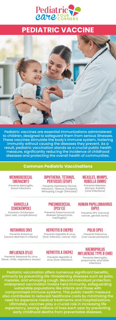 Pediatric Care of Four Corners, under the guidance of Dr. Eiman ElSayed, MD, offers comprehensive pediatric vaccination services to safeguard children’s health from infancy through adolescence. With a focus on prevention and education, Dr. ElSayed ensures every vaccine is administered safely and on schedule, helping children build strong immunity and parents stay reassured about their child’s well-being. For more information, contact us or schedule an appointment online. We are conveniently located at 2516 Sand Mine Rd, Davenport, FL 33897.